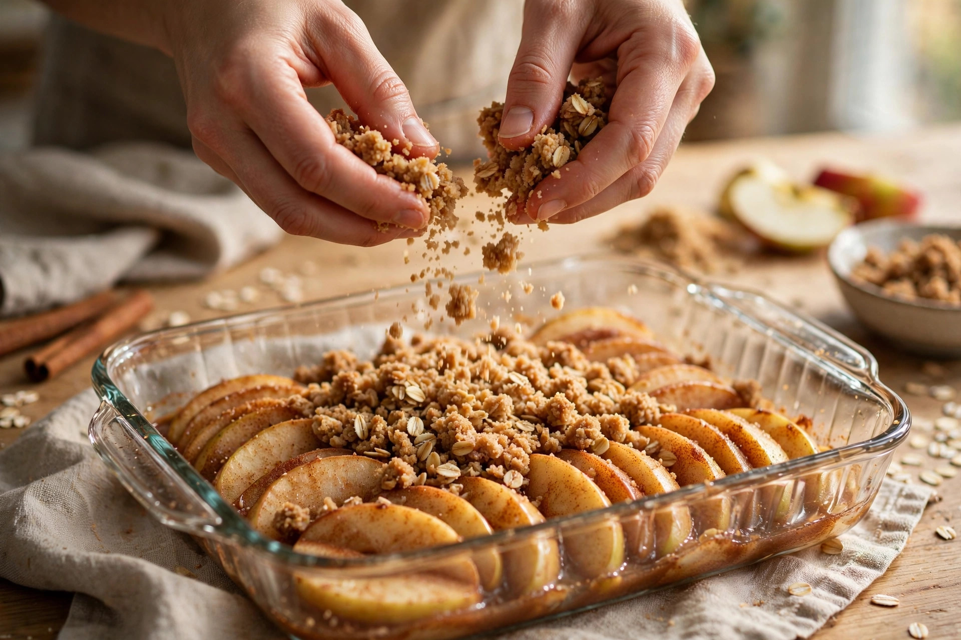 Apple crisp baking in the oven with golden bubbling topping
