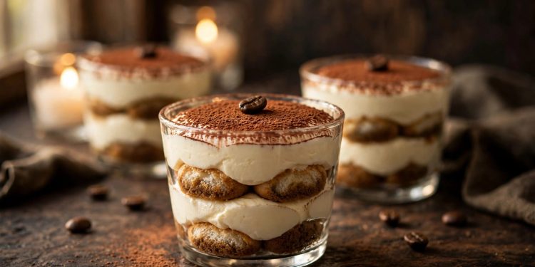 Elegant no-bake tiramisu served in glass dessert cups, dusted with cocoa powder