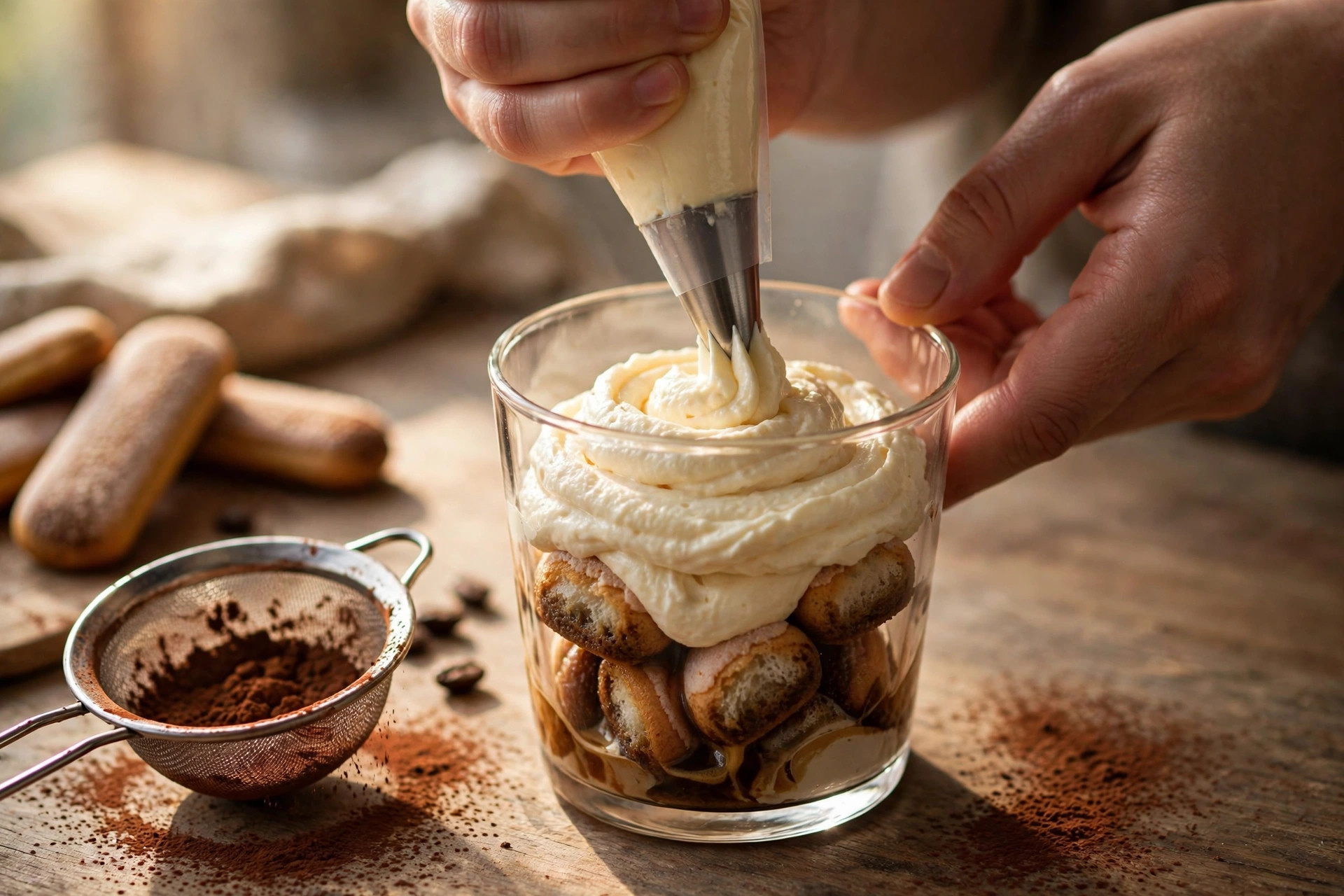 Hands piping mascarpone cream into a glass over coffee-soaked ladyfingers