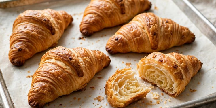 Golden-brown flaky croissants with visible layers on parchment, one broken open showing airy interior