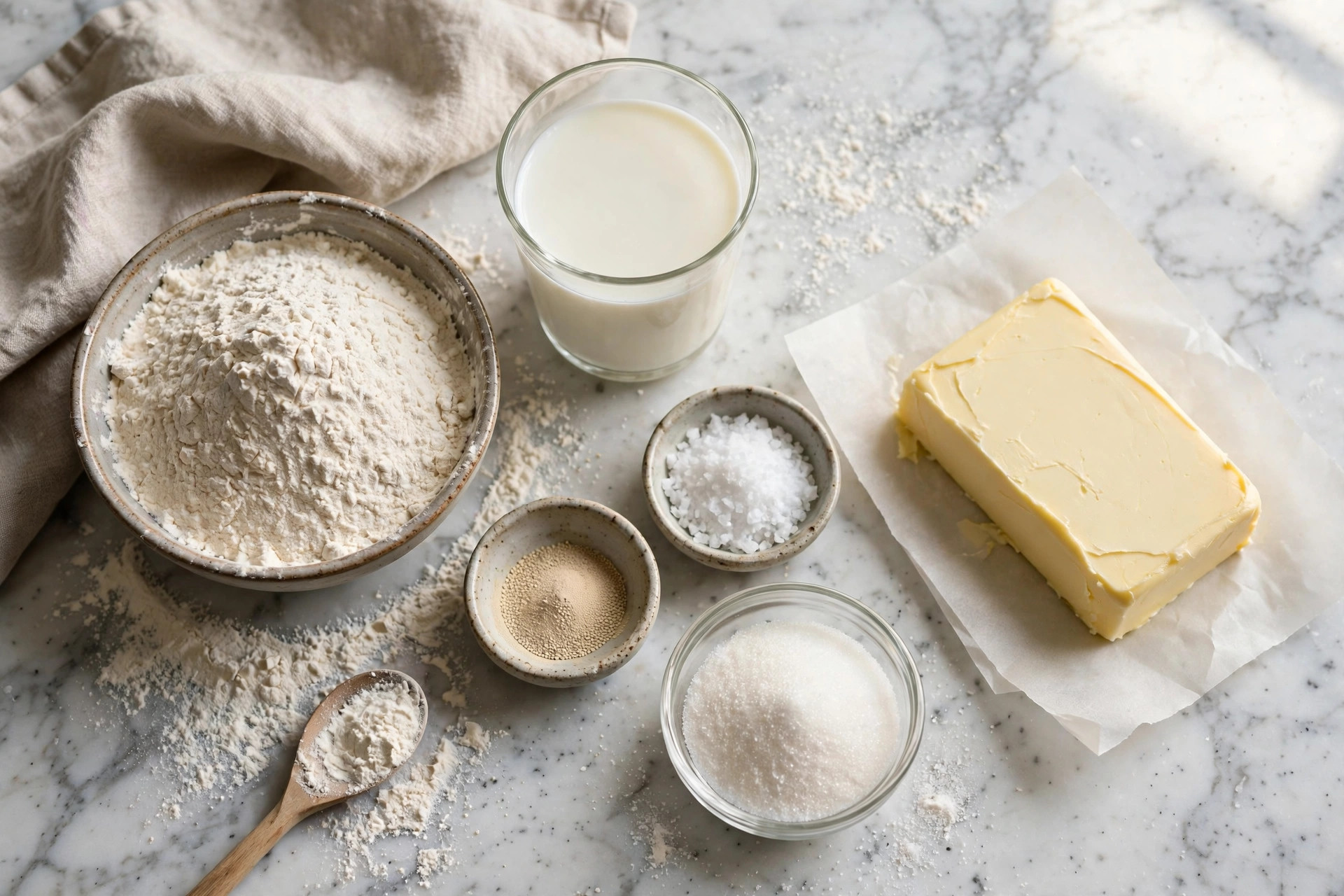 Bowl of flour, glass of milk, sugar, yeast, salt, and a slab of European butter on a marble counter