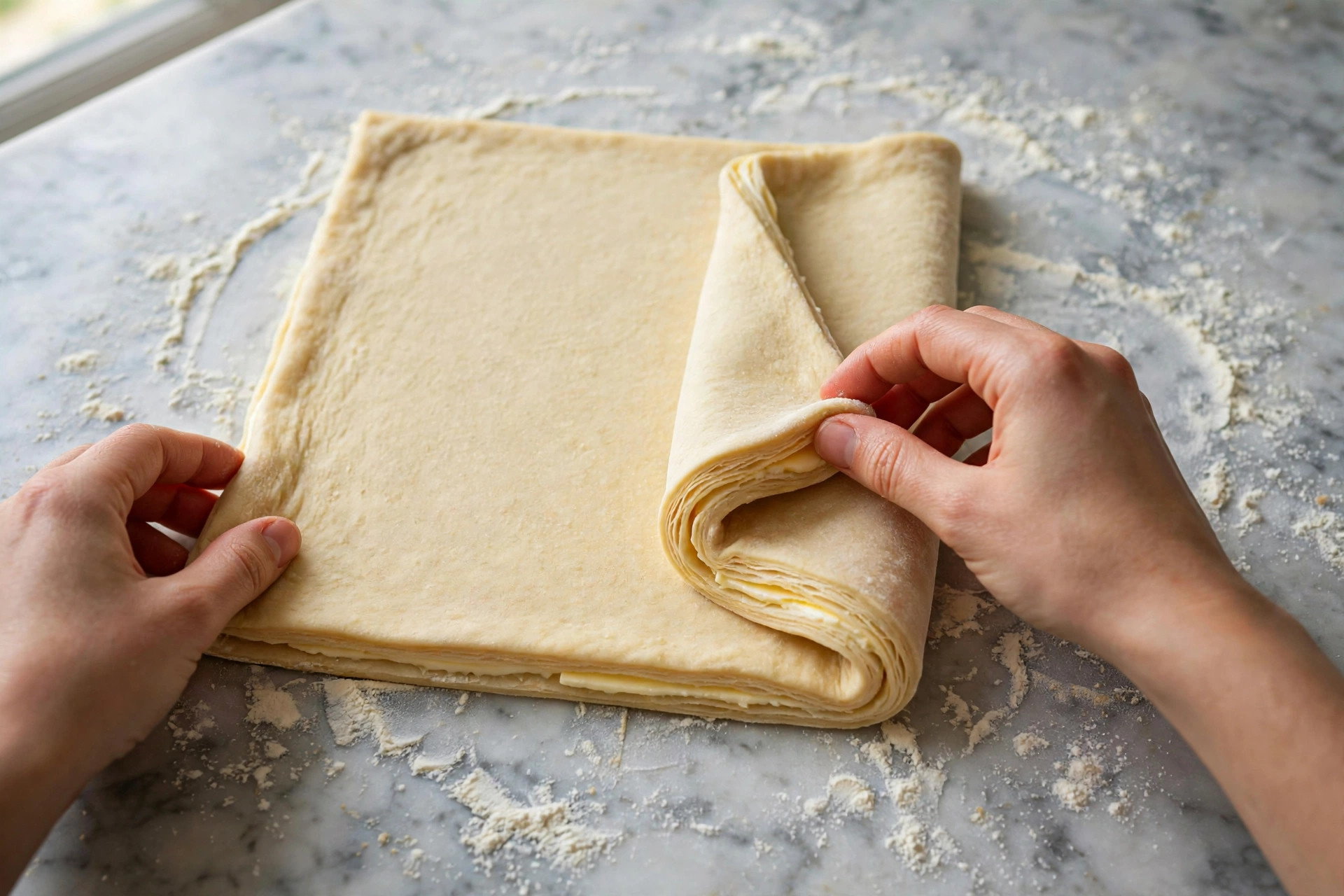 Hands folding a thin rectangle of laminated croissant dough into thirds on a floured marble surface