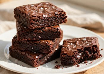 Stack of fudgy dark chocolate brownies with flaky sea salt on a white plate