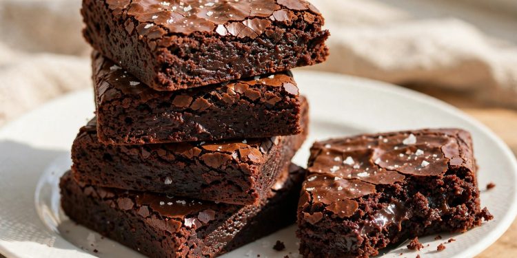 Stack of fudgy dark chocolate brownies with flaky sea salt on a white plate