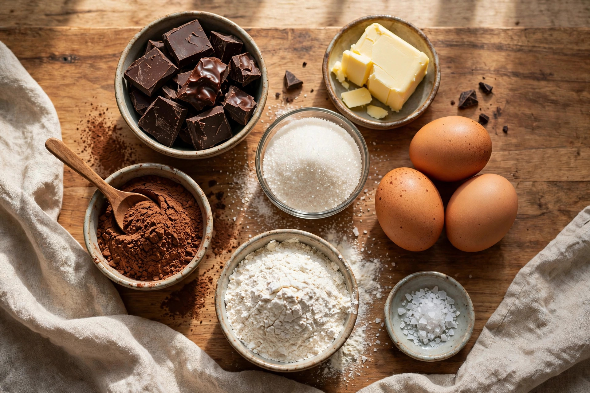 Butter, dark chocolate, cocoa powder, sugar, eggs and sea salt laid out for brownies