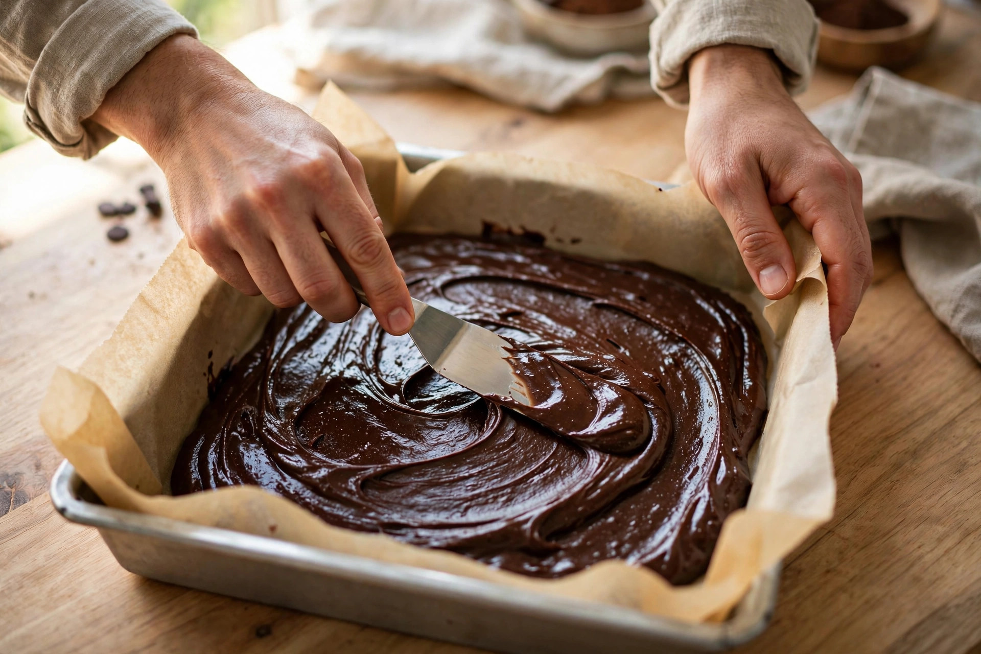 Hands spreading glossy chocolate brownie batter into a parchment-lined baking pan