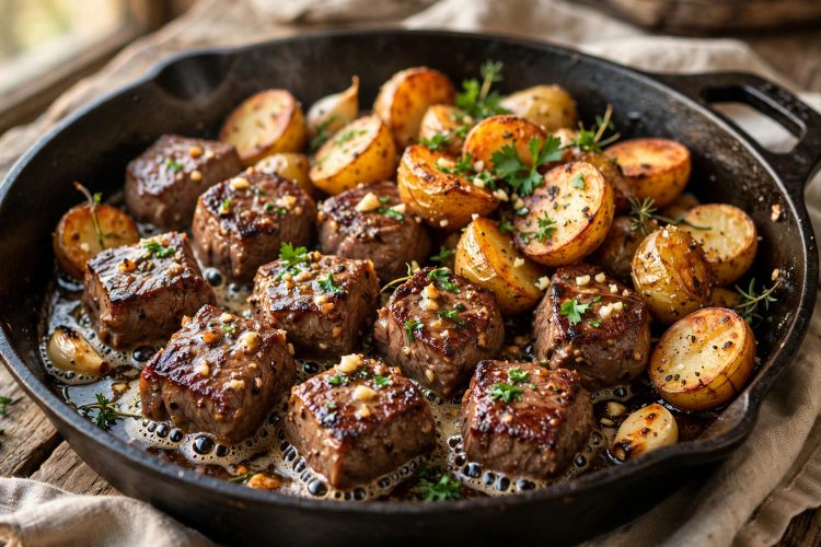 Garlic butter steak bites and crispy baby potatoes in a cast iron skillet with parsley