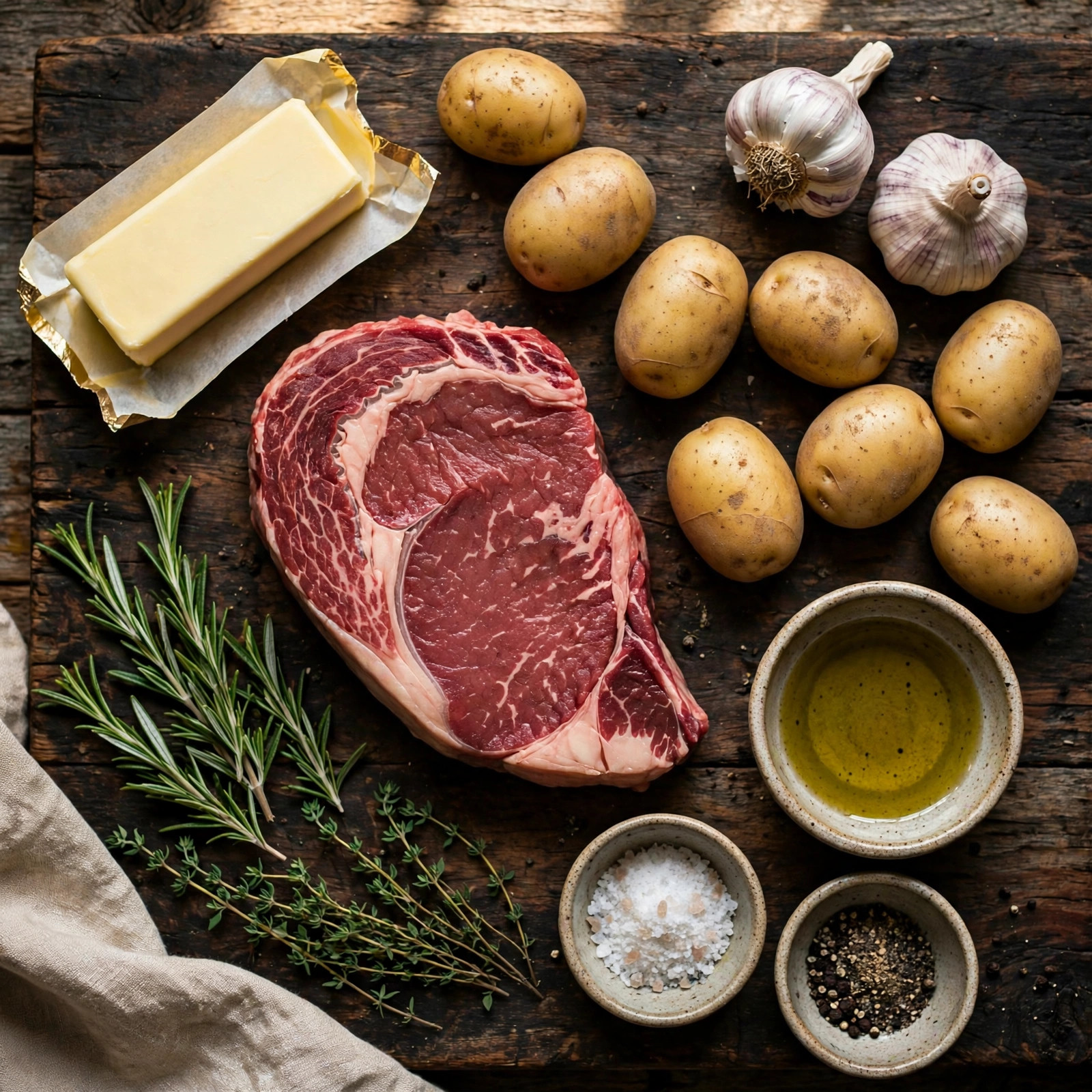 Flat lay of raw steak, baby potatoes, butter, garlic, and herbs