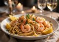 Honey garlic butter shrimp pasta twirled in a bowl with plump shrimp, parsley, and lemon
