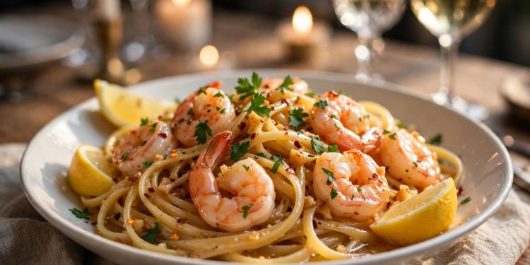 Honey garlic butter shrimp pasta twirled in a bowl with plump shrimp, parsley, and lemon