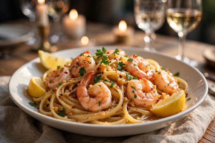 Honey garlic butter shrimp pasta twirled in a bowl with plump shrimp, parsley, and lemon