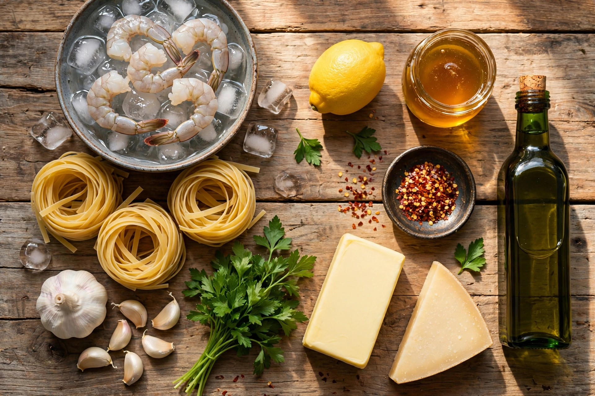 Flat lay of shrimp pasta ingredients on a rustic wooden countertop
