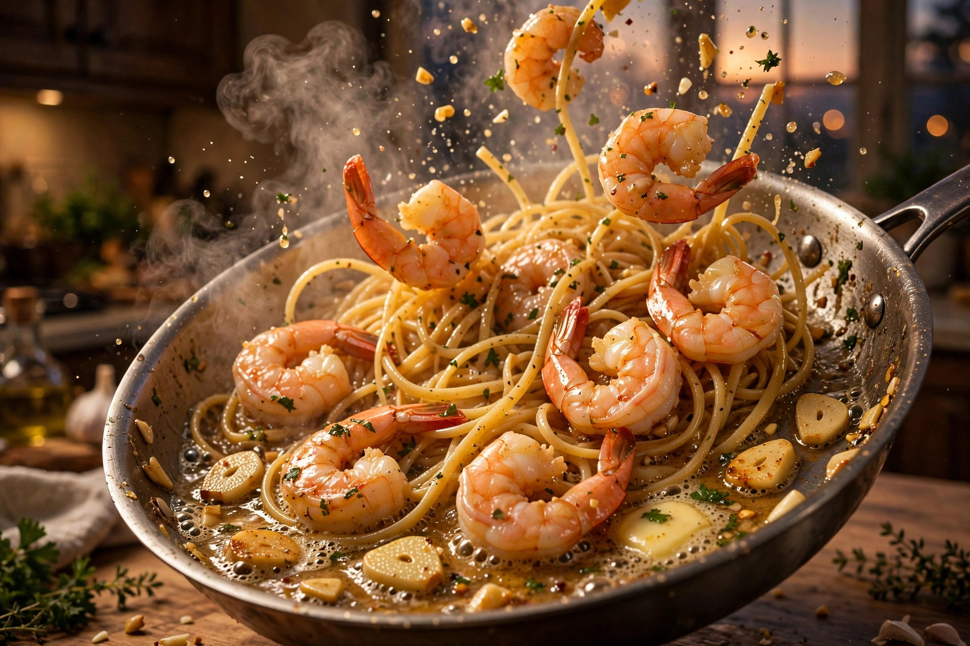 Shrimp being tossed in a skillet with glossy honey garlic butter sauce