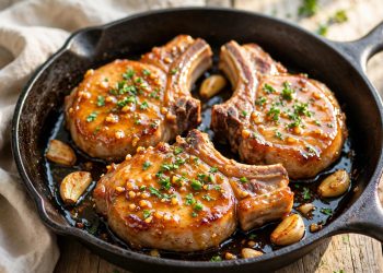Honey garlic glazed pork chops in a skillet with fresh parsley