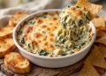 Hot spinach artichoke dip in a white baking dish with a golden cheese top, served with tortilla chips