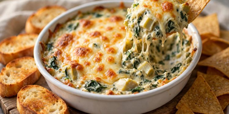 Hot spinach artichoke dip in a white baking dish with a golden cheese top, served with tortilla chips