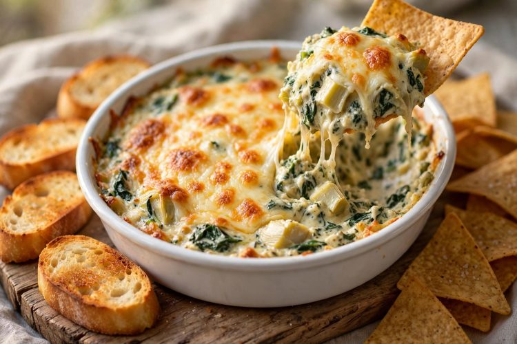 Hot spinach artichoke dip in a white baking dish with a golden cheese top, served with tortilla chips