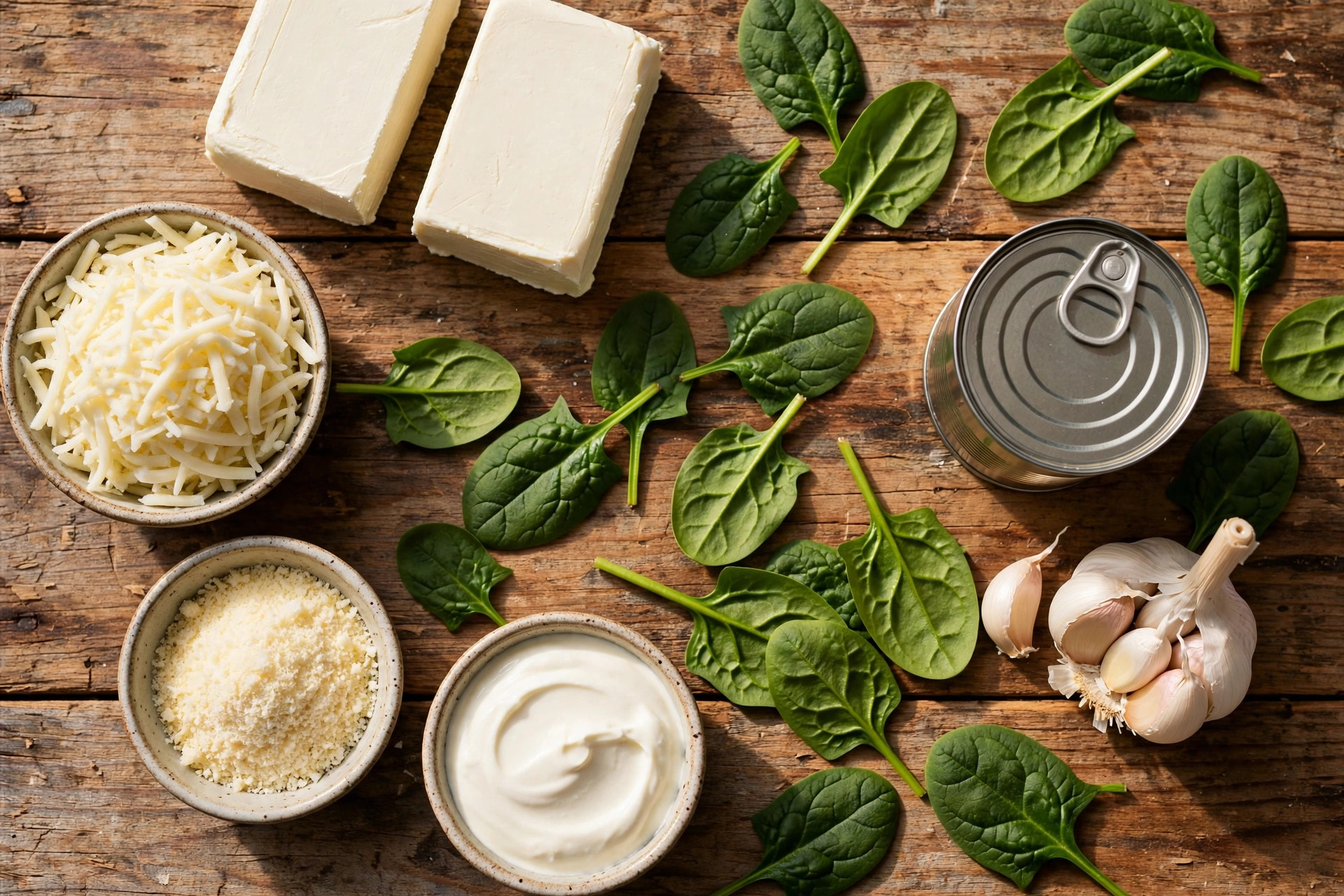 Flat lay of spinach artichoke dip ingredients on a rustic surface