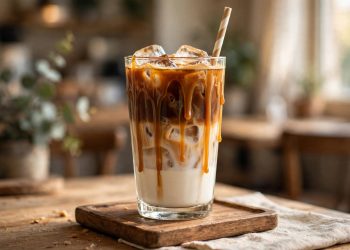Tall glass of homemade iced caramel macchiato with layered milk and espresso, caramel drizzle, and a straw