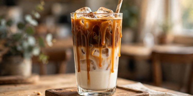 Tall glass of homemade iced caramel macchiato with layered milk and espresso, caramel drizzle, and a straw