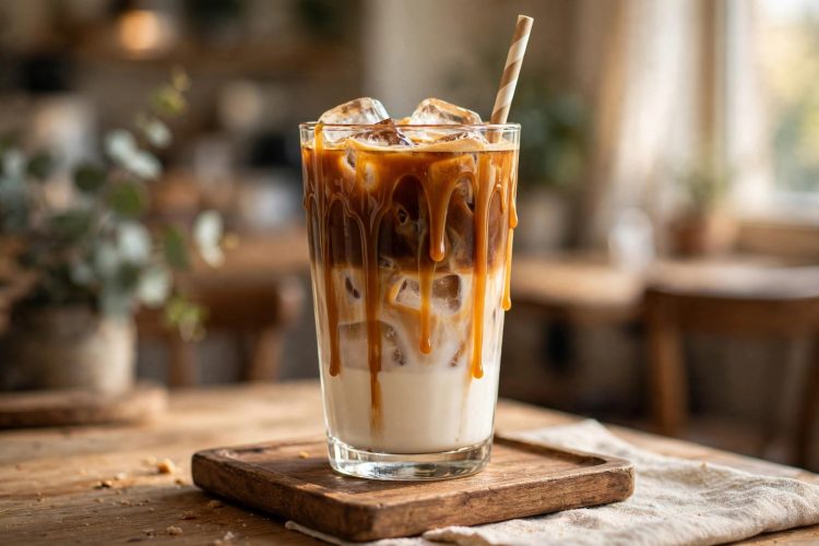 Tall glass of homemade iced caramel macchiato with layered milk and espresso, caramel drizzle, and a straw