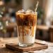 Tall glass of homemade iced caramel macchiato with layered milk and espresso, caramel drizzle, and a straw