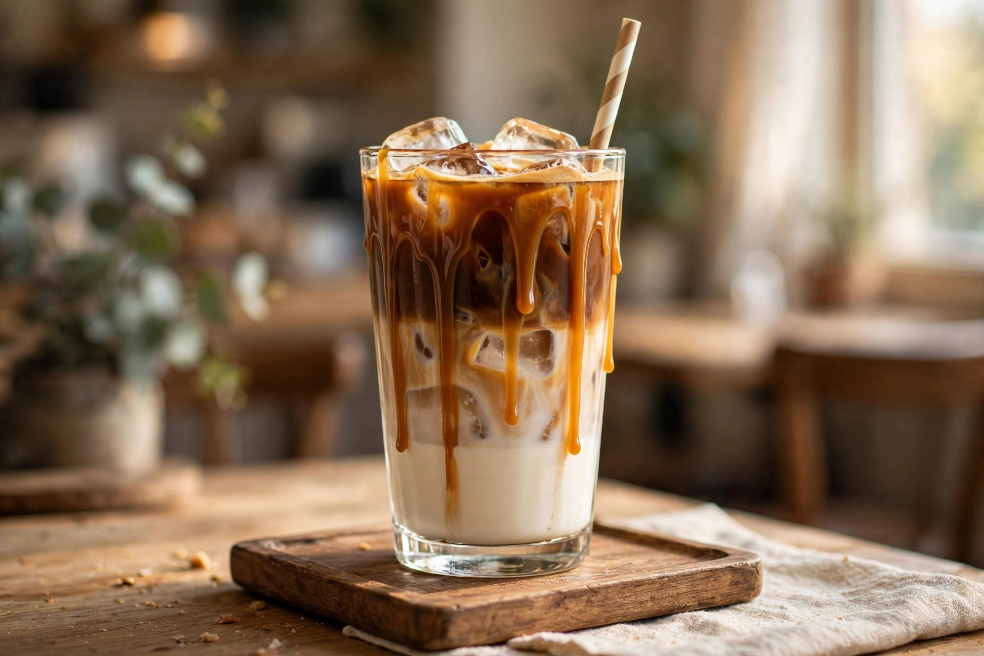 Homemade iced caramel macchiato in a tall glass with layered milk and espresso, caramel drizzle, and a straw
