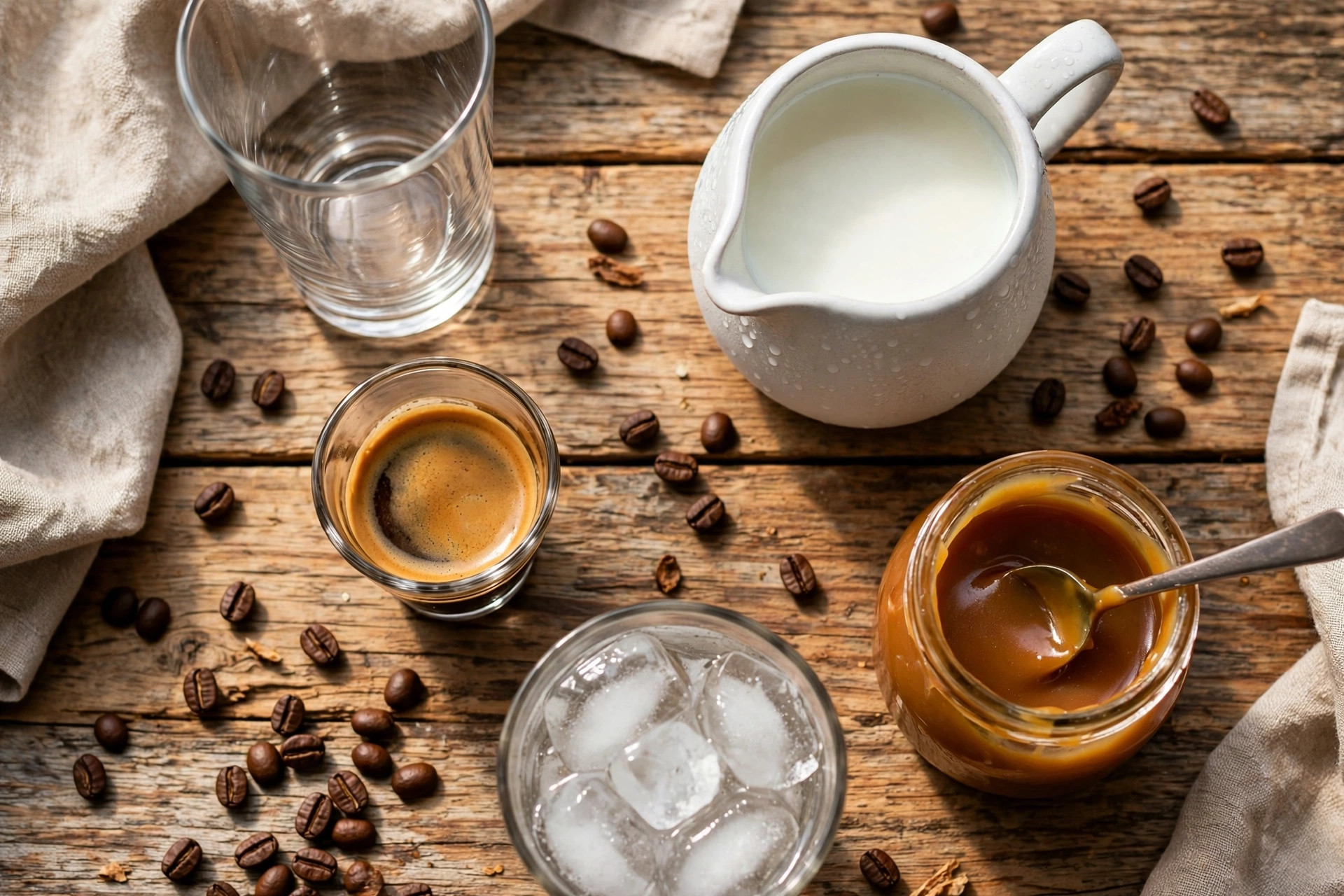 Flat lay of iced caramel macchiato ingredients on a rustic wooden table