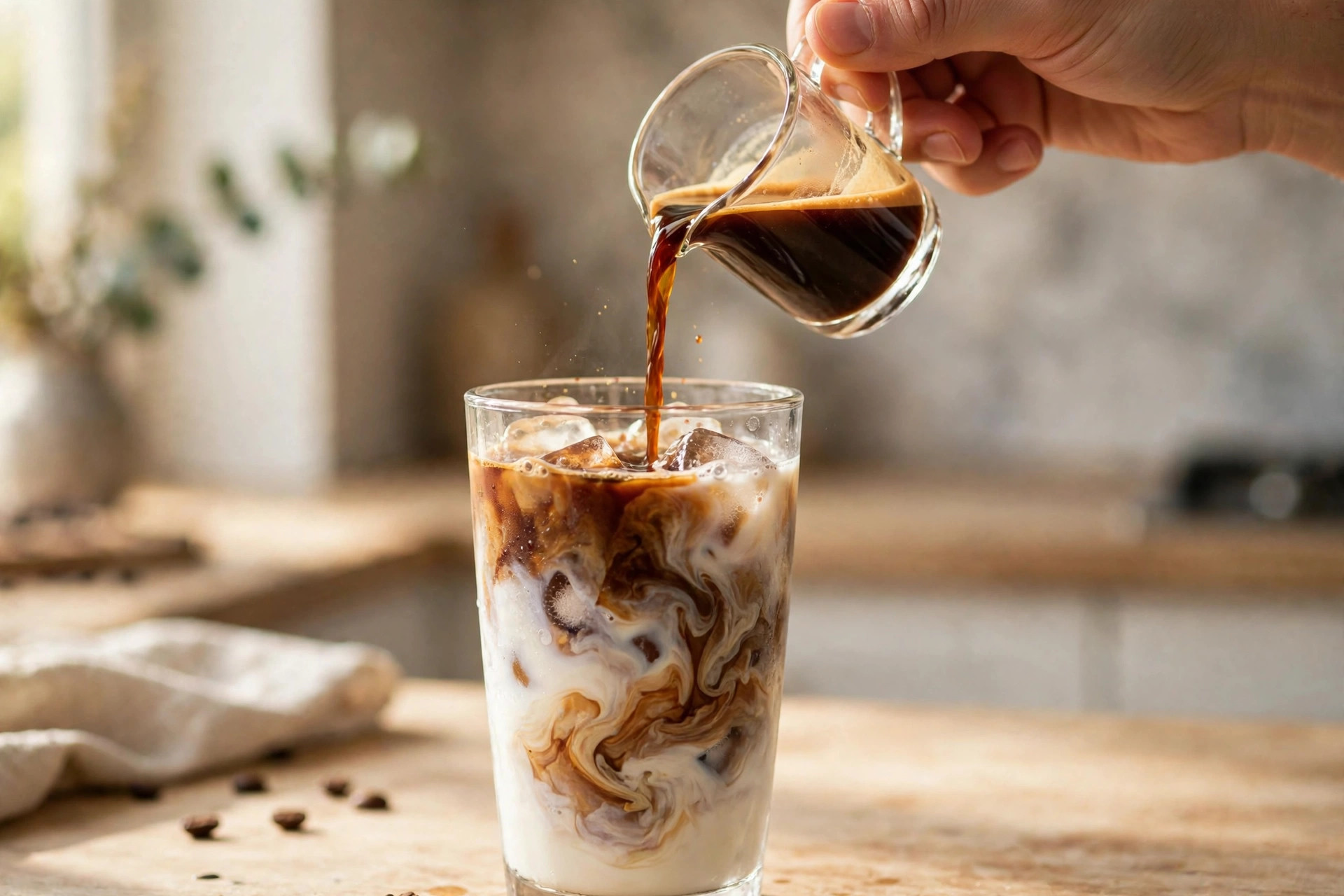 Pouring hot espresso over iced milk in a tall glass