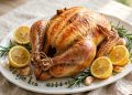 Whole golden lemon herb roast chicken with lemon halves and fresh herbs on a platter