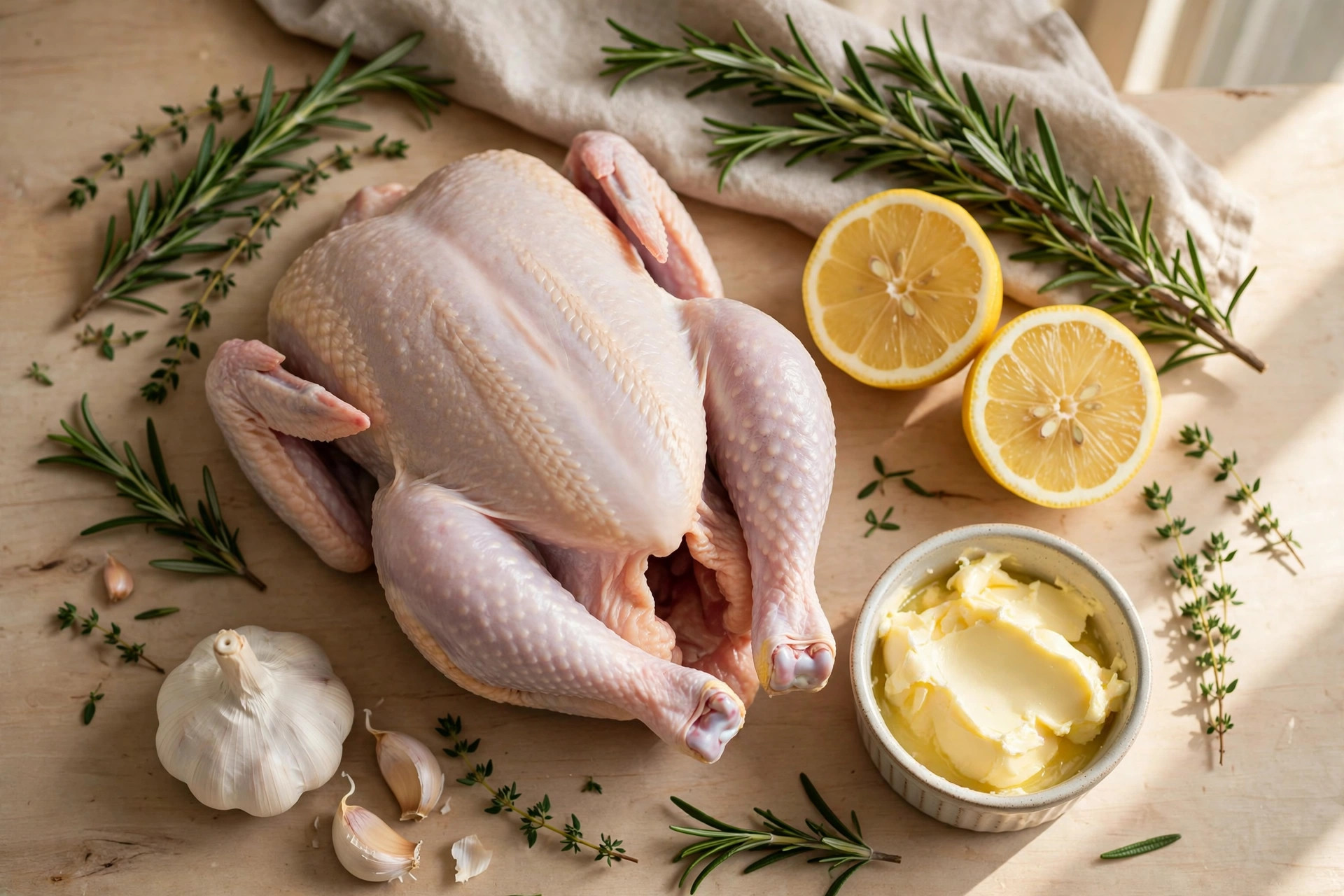 Ingredients for lemon herb roast chicken: whole raw chicken, lemons, rosemary, thyme, garlic and butter