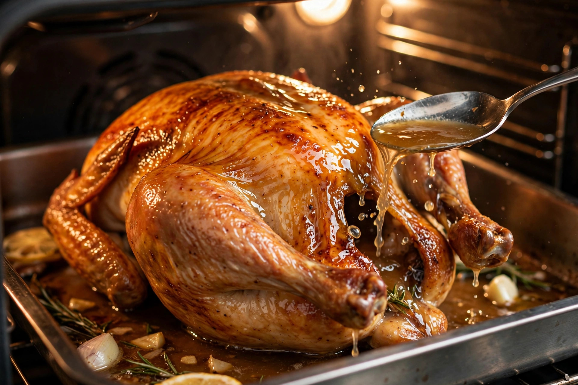 Golden roast chicken in the oven being basted with pan juices