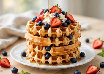 Stack of fluffy Belgian waffles with berries and maple syrup