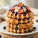 Stack of fluffy Belgian waffles with berries and maple syrup