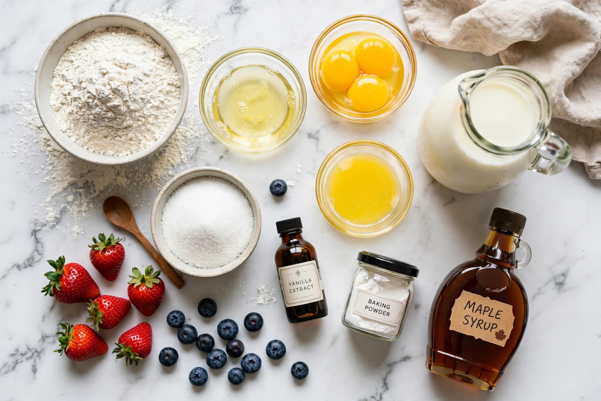 Ingredients for Belgian waffles: flour, eggs, buttermilk, berries