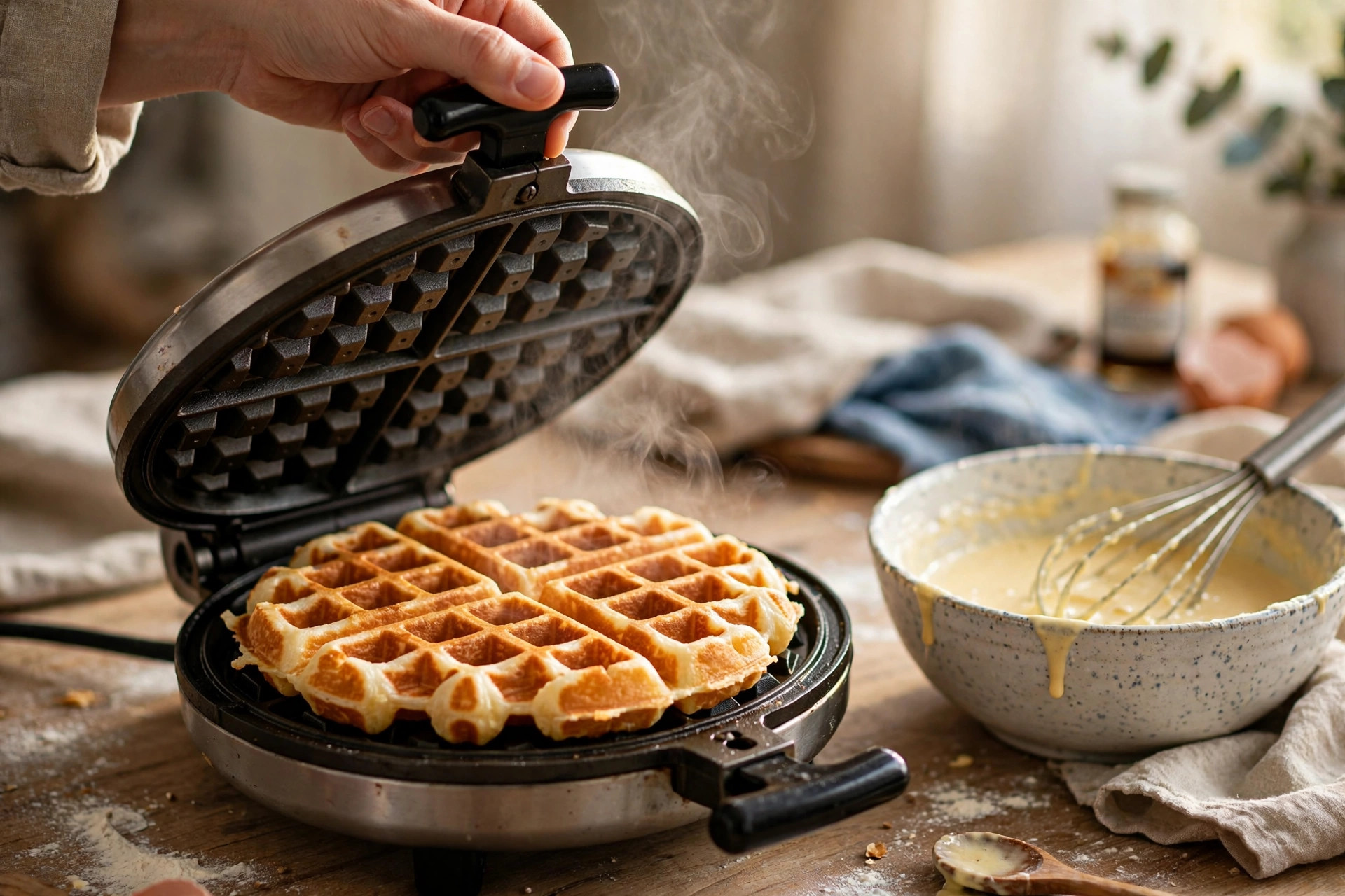 Golden Belgian waffle cooking in waffle iron