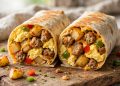 Breakfast burrito cut open showing eggs, sausage, cheese and potatoes