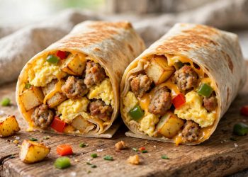 Breakfast burrito cut open showing eggs, sausage, cheese and potatoes