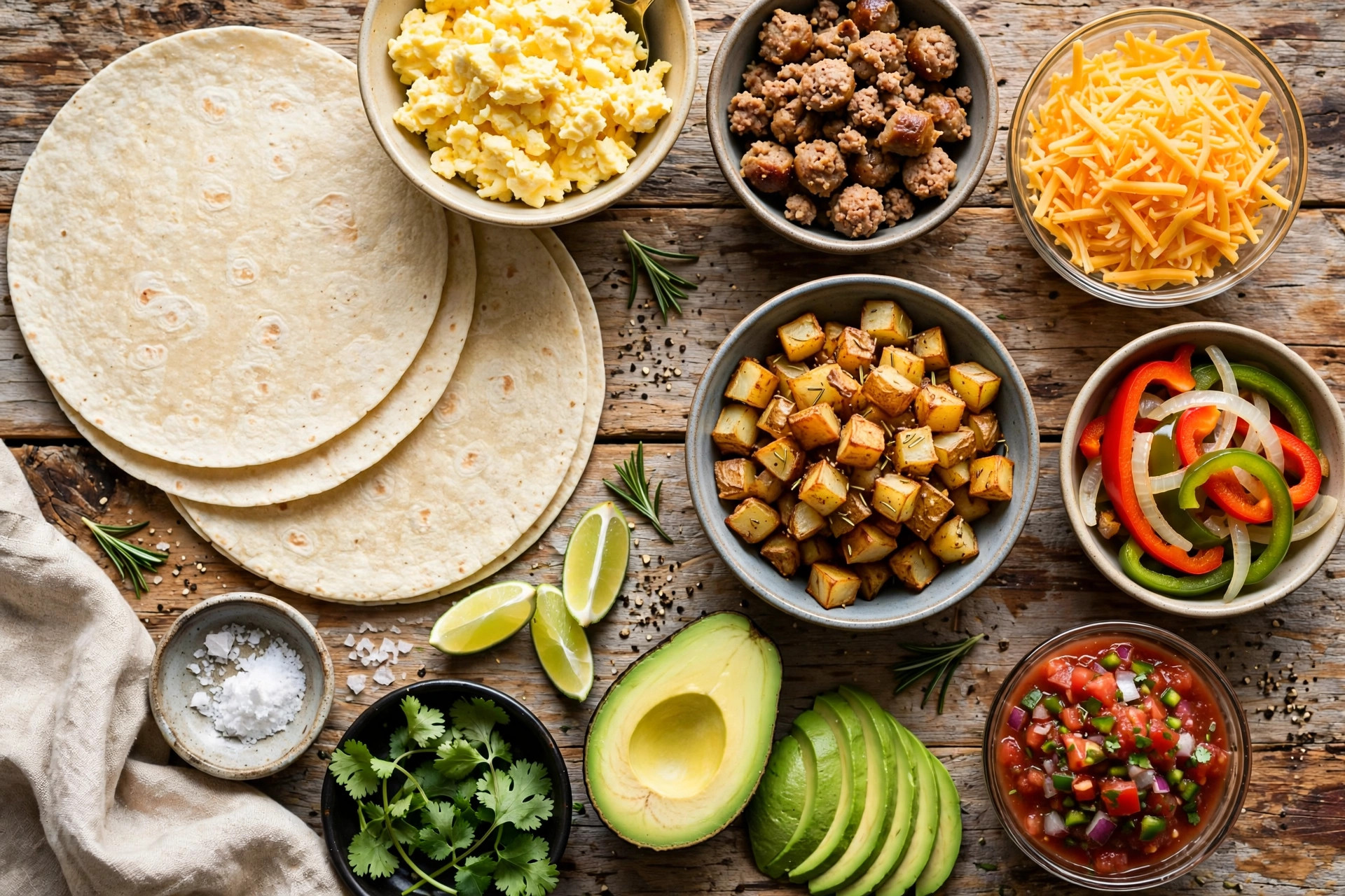 Ingredients for breakfast burrito: tortillas, eggs, sausage, cheese