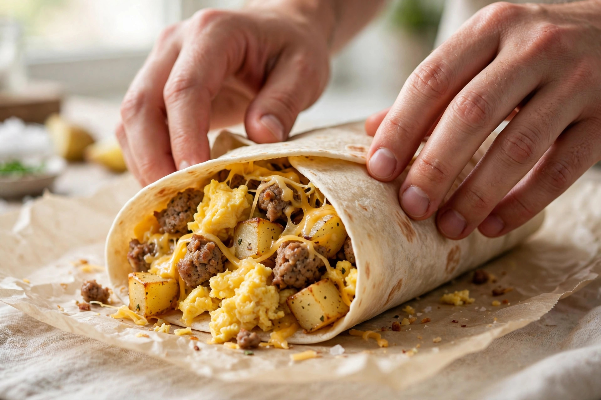 Hands rolling a loaded breakfast burrito in tortilla