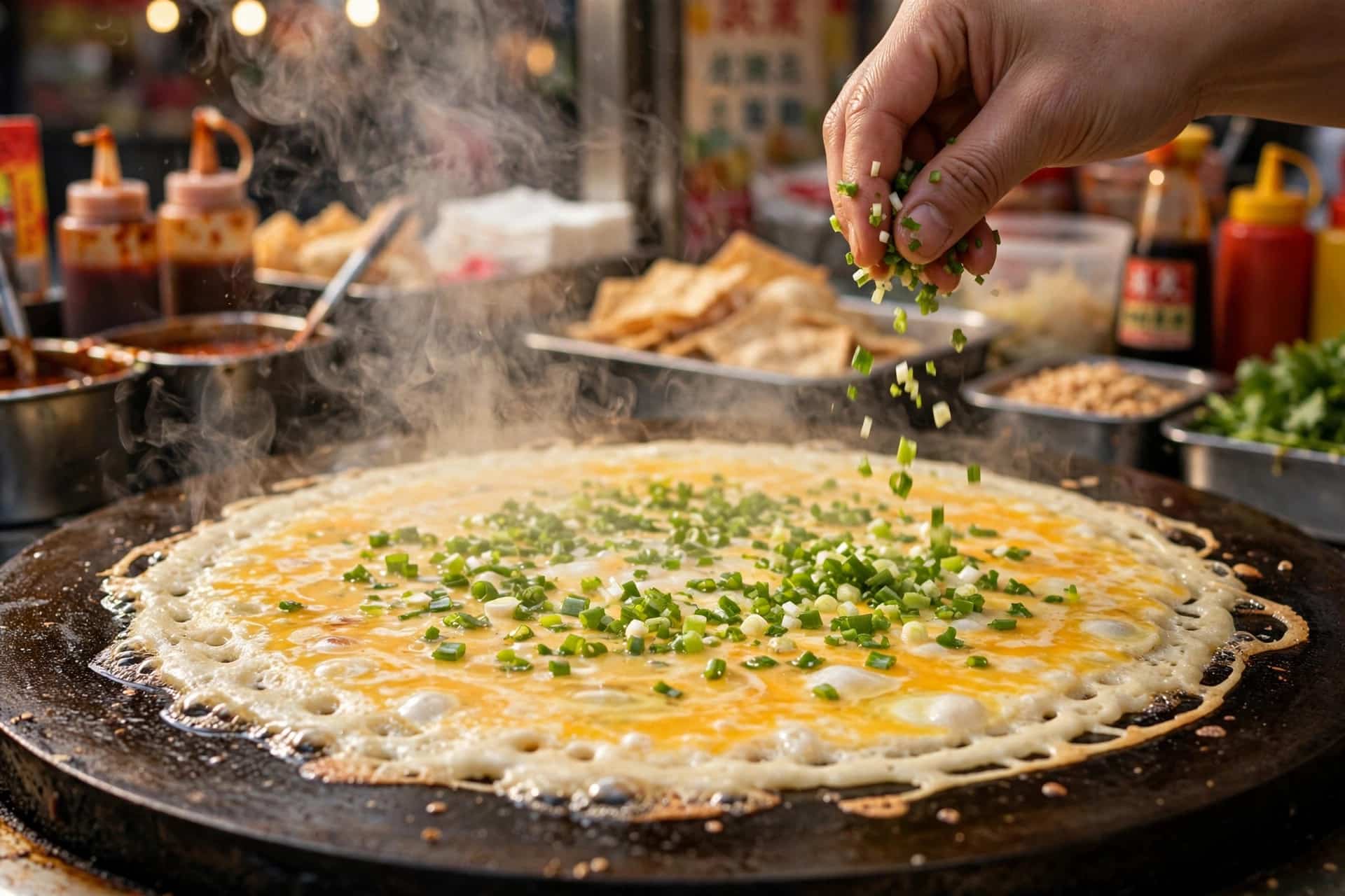 Jianbing crepe cooking on hot griddle with egg