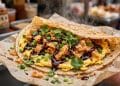 Chinese jianbing savory crepe with egg and crispy wonton