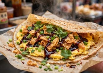 Chinese jianbing savory crepe with egg and crispy wonton