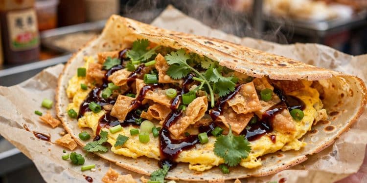 Chinese jianbing savory crepe with egg and crispy wonton