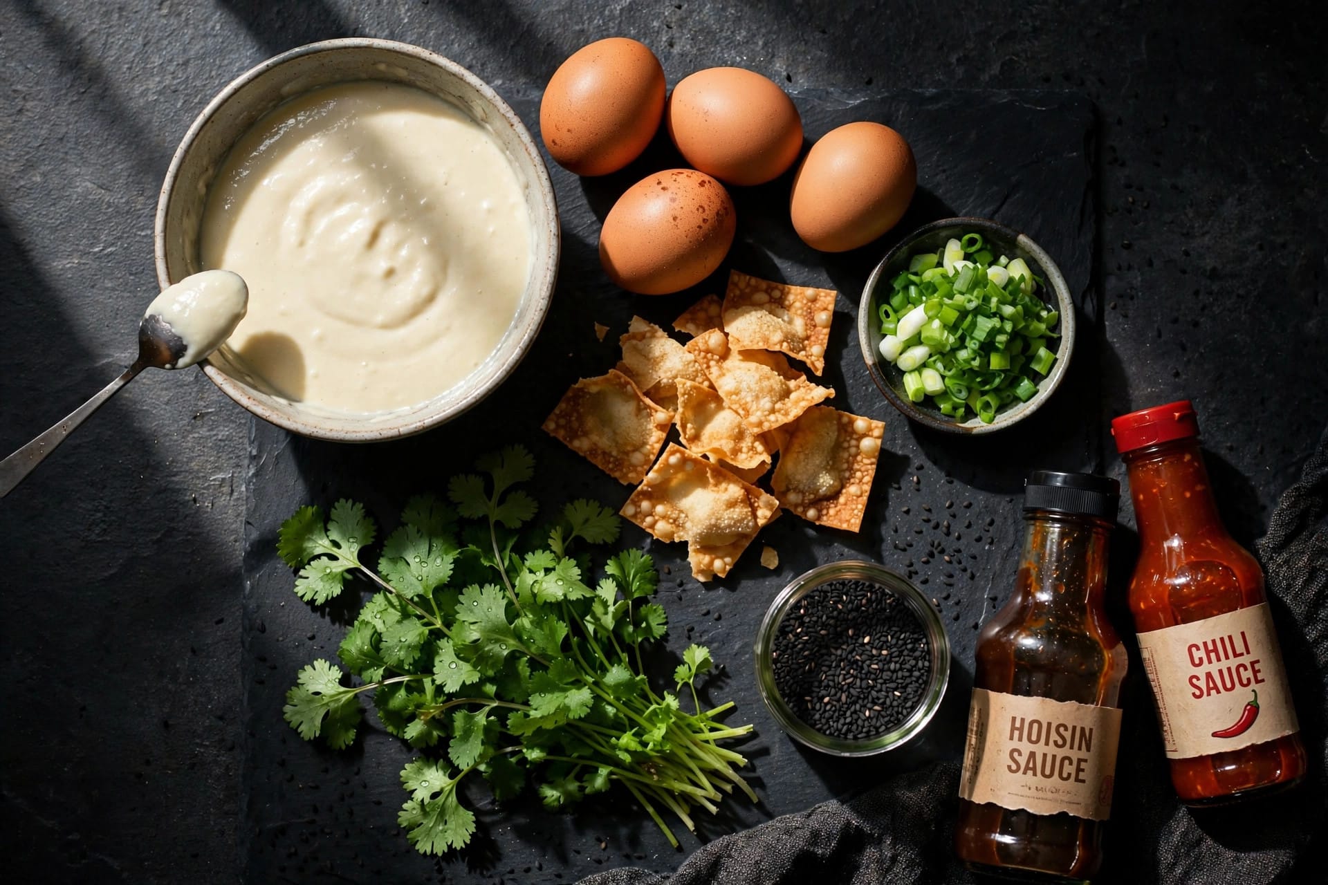 Ingredients for jianbing: batter, egg, wonton crackers, sauces