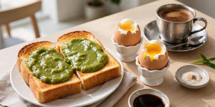 Kaya toast with coconut jam and soft-boiled eggs, Singapore breakfast
