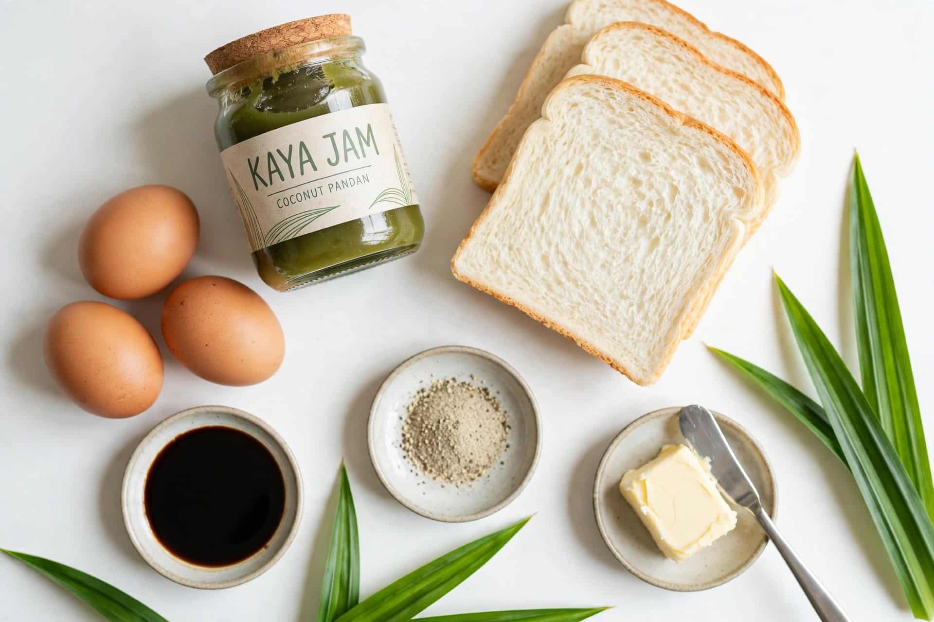 Ingredients for kaya toast: kaya jam, bread, eggs, soy sauce