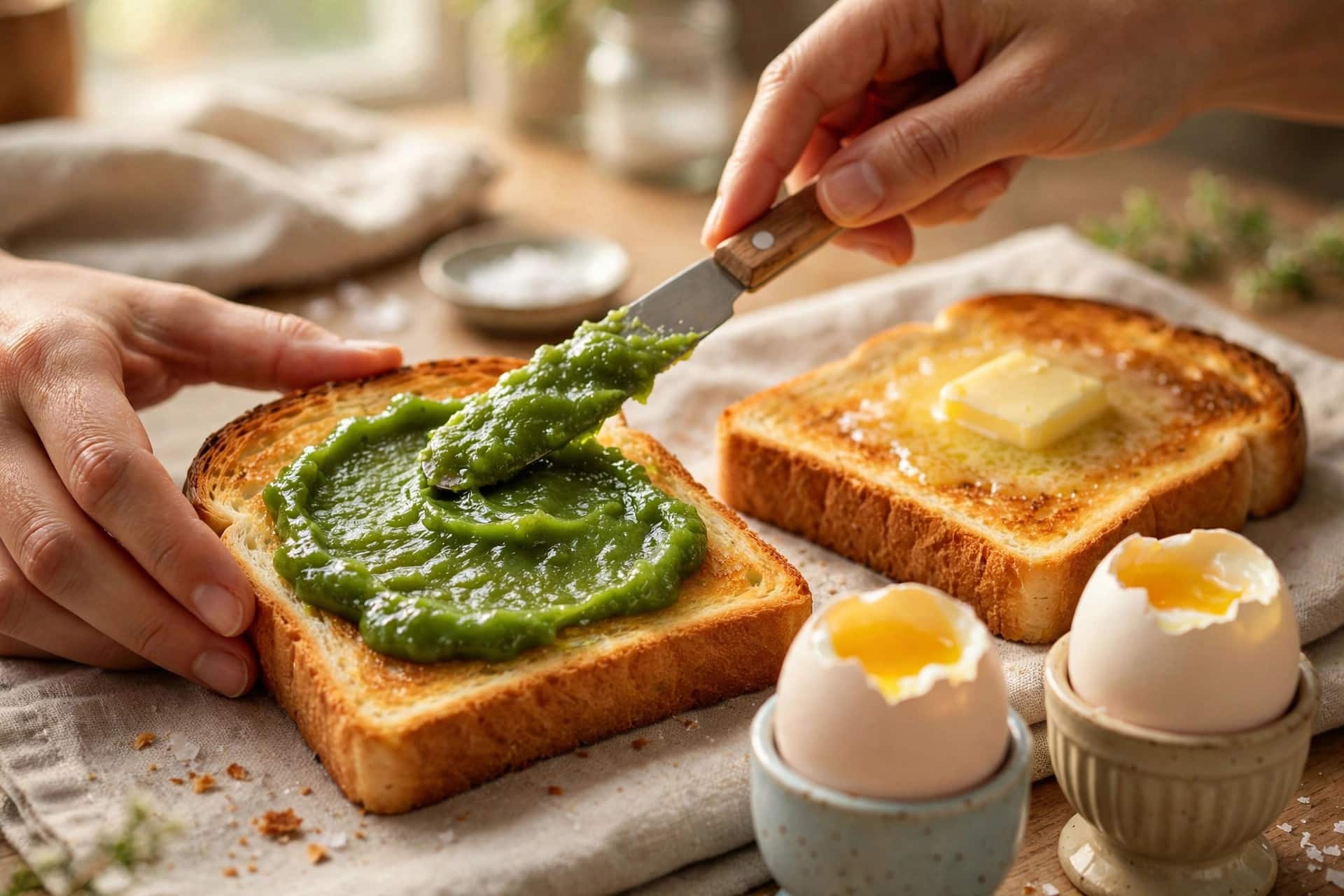 Spreading kaya coconut jam on toasted bread