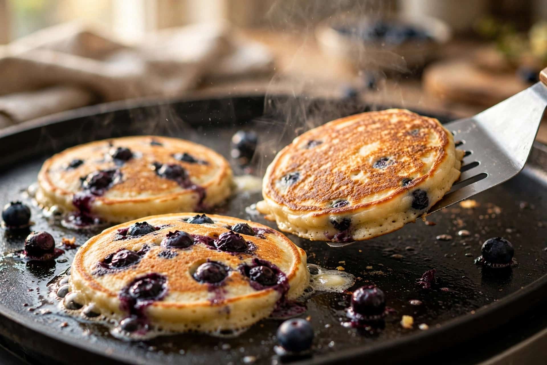 Blueberry buttermilk pancakes cooking on a hot griddle, being flipped with a spatula