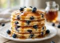 Tall stack of fluffy blueberry buttermilk pancakes with maple syrup dripping and fresh blueberries